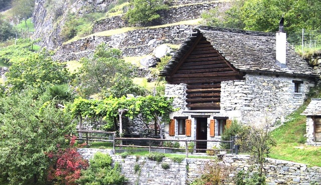 Typical rustico in the rear Maggia Valley on a sunny hillside on the edge of the village in Brontallo